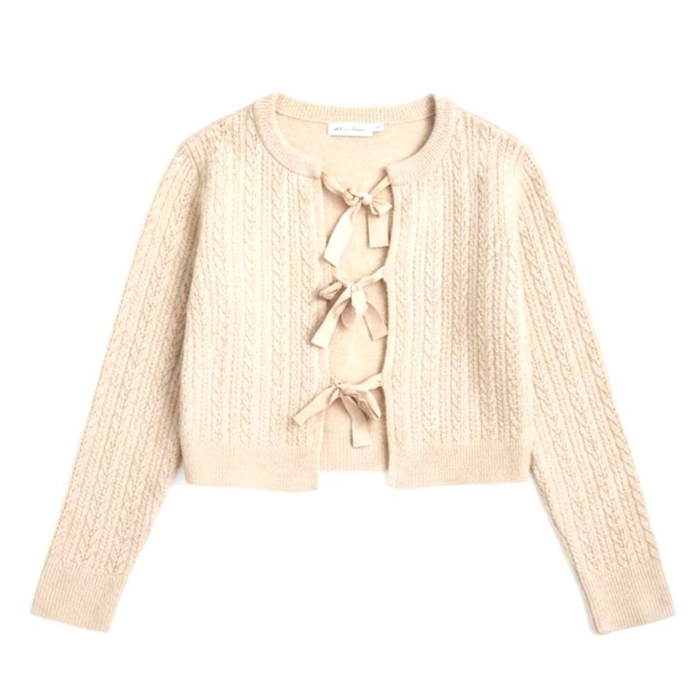All in Favor Cream Cable Knit Bow Tie Front Coquette Cropped Cardigan Size Large